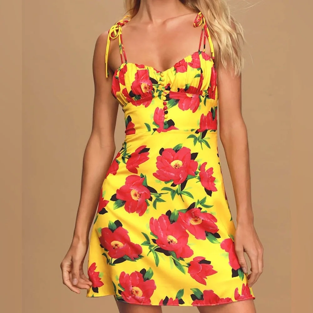 KOURT Dionne Bright Yellow Floral Print Satin Tie-Strap Mini Dress Size Small - Picture 2 of 10